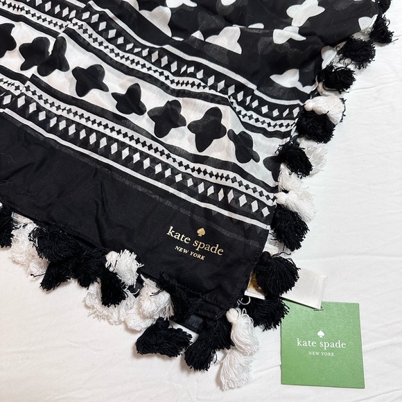 Kate Spade Cotton/Silk Black & White Tassel Scarf - Picture 3 of 4